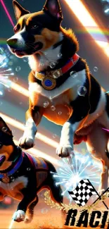 Corgis racing with fireworks and vibrant colors on a mobile wallpaper.