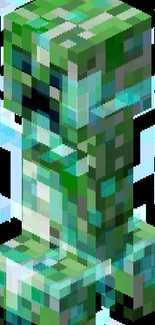 Pixelated Creeper from Minecraft with dynamic glitch effect on green backdrop.