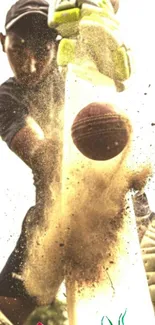 Cricket player mid-action with dust flying.