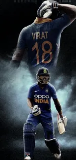 Cricket athlete in blue jersey, artistic mobile wallpaper.