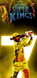 Chennai Super Kings batsman in action with lion logo.