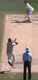 Cricket bowler delivers pitch against batsman.