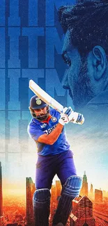 Cricket player in urban skyline wallpaper with vibrant blue tones.