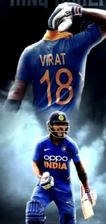 Cricket player in blue jersey, holding a bat on a dynamic wallpaper.