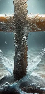 Cross splashing in water, creating a dynamic visual effect.