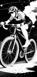 Black and white wallpaper of a cyclist in action.