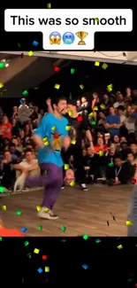 Energetic dance scene with confetti and a cheering crowd at a lively event.