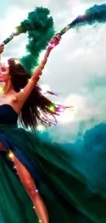 Woman dancing with vibrant teal smoke trails on a mobile wallpaper.