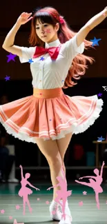 A dancer in a pink outfit performs gracefully with dynamic lighting and colors.