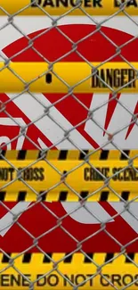 Mobile wallpaper with danger symbols, caution tape, and chain-link fence.