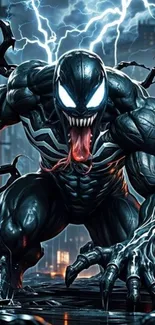 Dark superhero character in cityscape wallpaper.