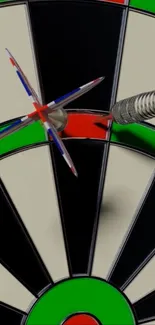 Close-up of a colorful dartboard with darts in motion.