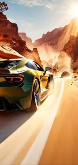 Green sports car racing through a scenic desert under a blazing sun.