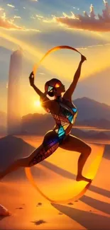 A dancer in vibrant desert sunset colors on a mobile wallpaper.