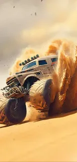 Monster truck racing across desert sands, creating a thrilling off-road adventure.