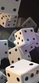 Dynamic black and white dice cascade on a dark mobile wallpaper.