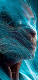 Digital art of a face with glowing teal light trails.