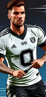 Illustrated soccer player in modern graphic style, wearing white jersey.