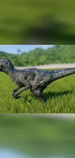 Lifelike velociraptor running through lush green grass.