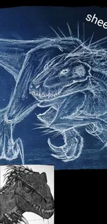 Illustrated blue dinosaur sketch on a dark background with artistic details.