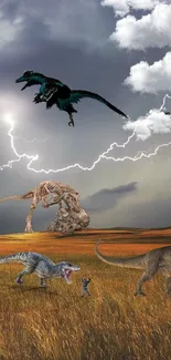 Dinosaurs roam under a stormy sky.