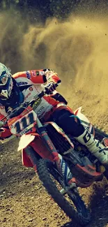 Dirt bike racer speeding through a dusty trail on a dynamic off-road track.