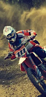 Motocross rider kicking up dirt in dynamic trail on rough terrain.