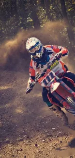 Motocross rider racing through a dirt track amid dust clouds.