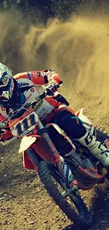 Motocross rider racing on dirt track in an action-packed scene.