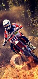 Rider on a dirt bike racing through rugged terrain, creating a cloud of dust.