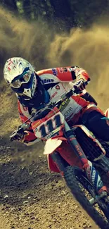 Dirt bike rider kicking up dust in a thrilling motocross action shot.