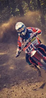 Motocross rider kicking up dirt during an intense race.