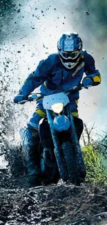 Rider on a dirt bike racing through mud and water.