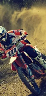 Motocross rider speeding through a dusty trail on a dirt bike.