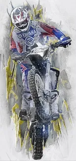 Motocross rider in action on artistic wallpaper.