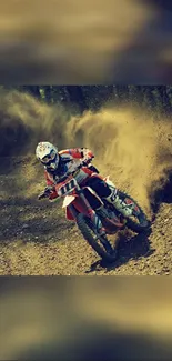 Biker racing through a dusty trail on a dirt bike in a dynamic action scene.