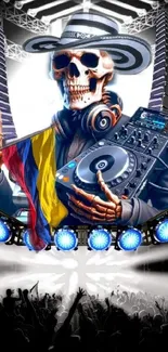 DJ skull art with vibrant lights and a flag in concert scene.