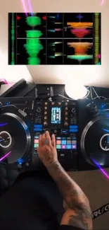 Dynamic DJ turntable with colorful soundwave display.