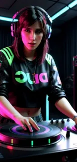 DJ with headphones and neon lights in a vibrant music setting.