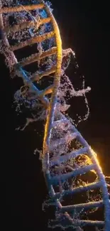 Dynamic DNA spiral with glowing edges on a dark background.