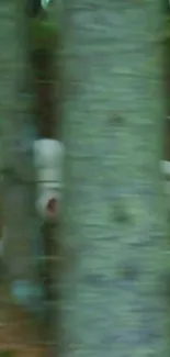 White dog runs through a green forest with blurred tree in foreground.