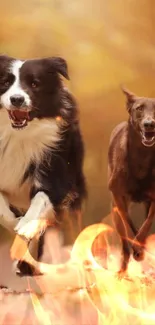 Two dogs running with a fiery backdrop, creating a dynamic mobile wallpaper.