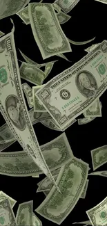 Floating dollar bills on dark background wallpaper.