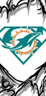 Dolphin superhero logo with teal and orange colors on a white background.