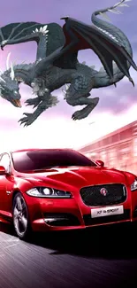 Red sports car with a dragon in a dynamic urban scene.