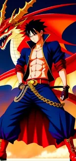 Anime-style dragon warrior in bold red and blue colors, striking a dynamic pose.