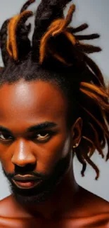 Portrait with dynamic brown dreadlocks and expressive look.