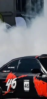 High-speed drift car against smoky background.