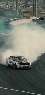 A car drifting on a racetrack with smoke around it.