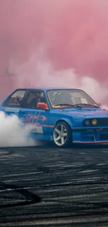 Blue drift car surrounded by pink smoke.